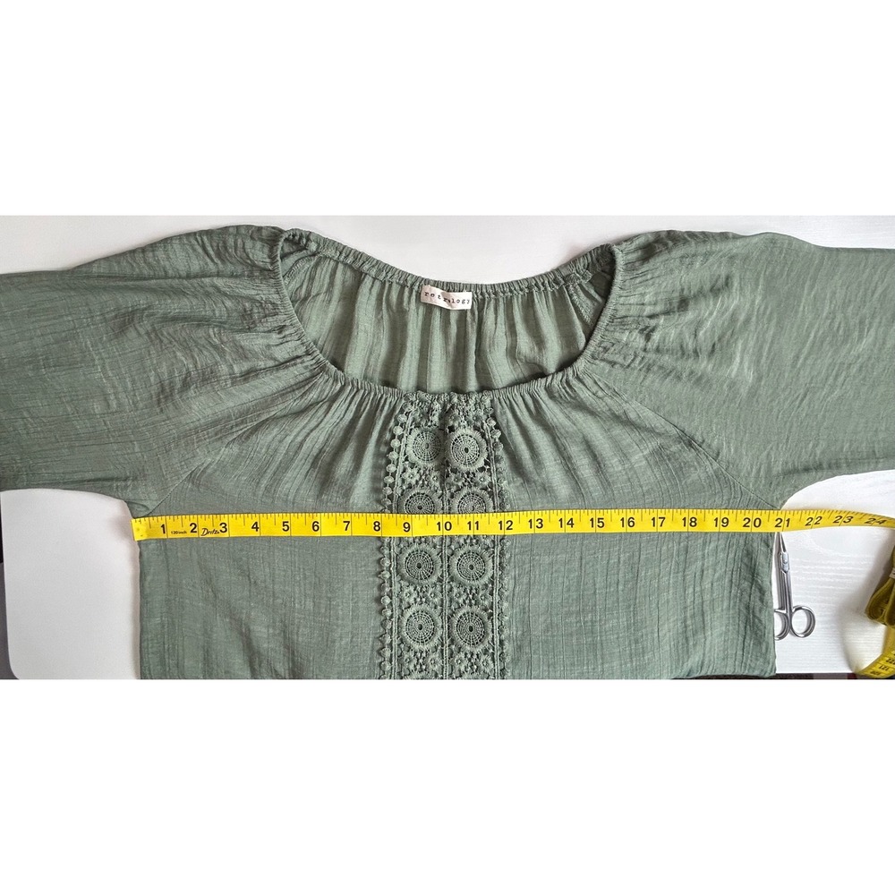 Retrology Sage Green Crochet Lace Peasant Blouse Ruffle Bell Sleeve Boho Top - Picture 3 of 9